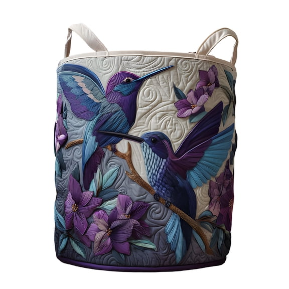 Quilted Laundry Basket, Boho Fabric Hamper, Hummingbird Floral Storage Basket, 20x28 inch Bedroom Organizer, Foldable Clothes Hamper