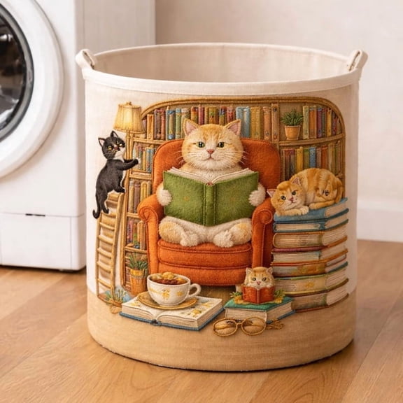 Quilted Laundry Basket Cat Library Design, Cute Fabric Hamper, Cozy Home Decor, Foldable Storage Bin, Nursery Laundry Organizer