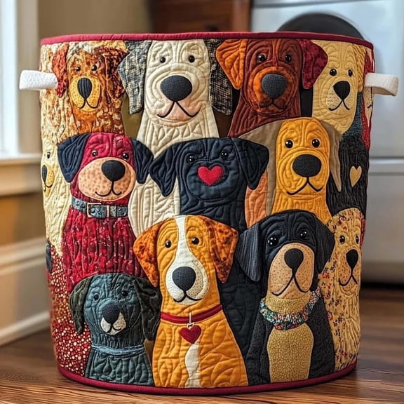 Quilted Laundry Basket, Colorful Dogs Print, Oxford Cloth Hamper, Foldable Storage Bag