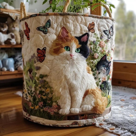 Quilted Laundry Basket, Floral Cat Lover Hamper, Pet Storage Organizer Bin