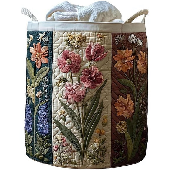 Quilted Laundry Basket with Handles, 2026 Large Fabric Laundry Basket, Boho Floral Quilted Storage Hamper, Cozy Fabric Storage for Nursery, Bedroom, Clothes & Toy (Multicolor A 16 * 22 in)