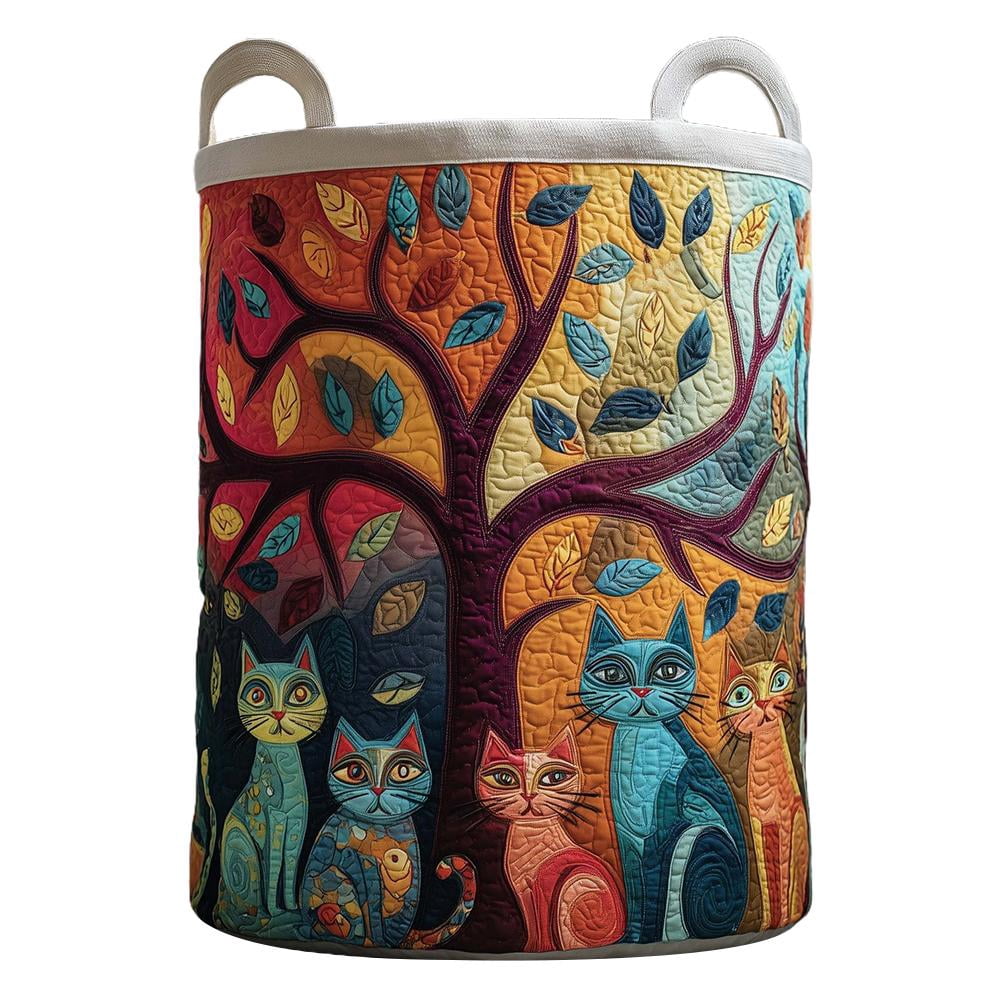 Quilted Laundry Basket with Handles, Boho Floral Fabric Storage Hamper, Large Soft Quilted Laundry Basket for Nursery, Bedroom, Laundry Room,Clothes & Toys (Cat Pattern A, S)