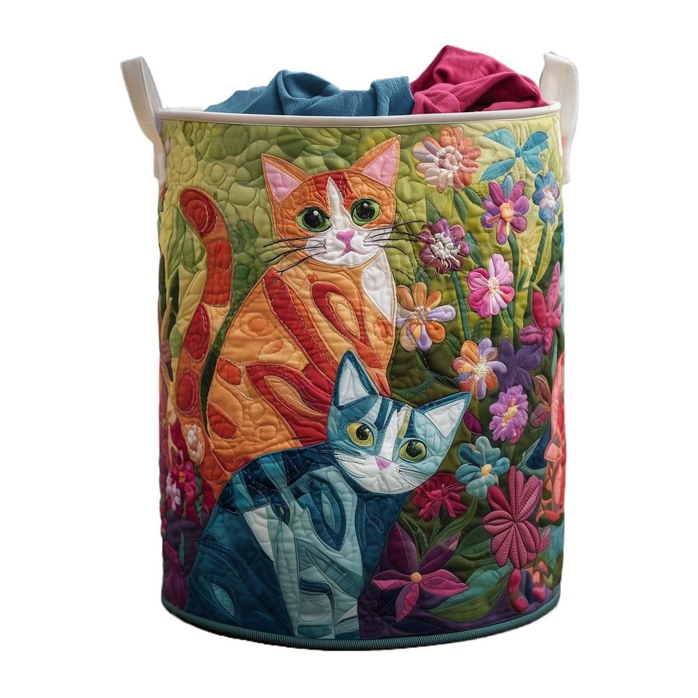 Quilted Laundry Basket with Handles, Boho Floral Fabric Storage Hamper, Large Soft Quilted Laundry Basket for Nursery, Bedroom, Laundry Room,Clothes & Toys (Cat Pattern A, S)