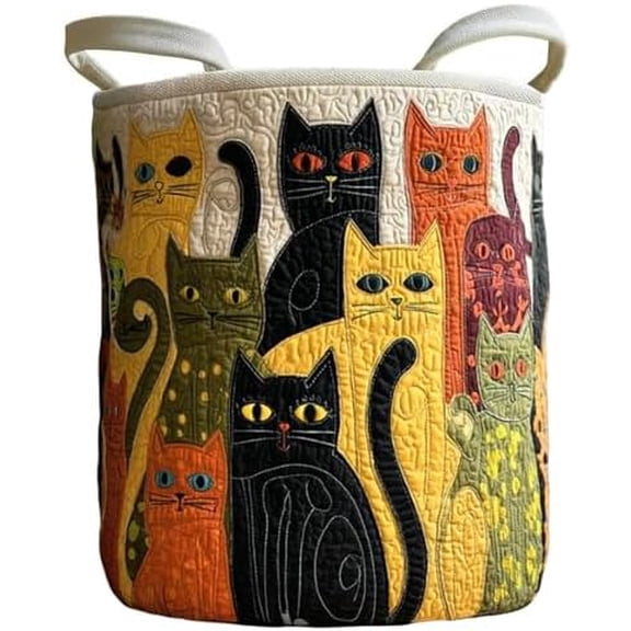 Quilted Laundry Basket with Handles, Boho Floral Fabric Storage Hamper, Large Soft Quilted Laundry Basket for Nursery, Bedroom, Laundry Room,Clothes & Toys (Cat Pattern A, S)