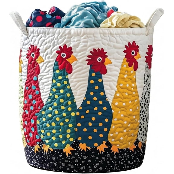 Quilted Laundry Basket with Handles, Boho Floral Fabric Storage Hamper, Large Soft Quilted Laundry Basket for Nursery, Bedroom, Laundry Room,Clothes & Toys (Chicken Pattern A, S)