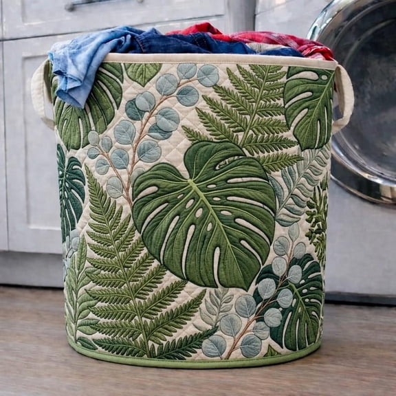 Quilted Laundry Basket, Tropical Leaf Design, Large Fabric Basket, Storage Bin for Clothes, Home Organization, Eco Friendly Laundry Hamper