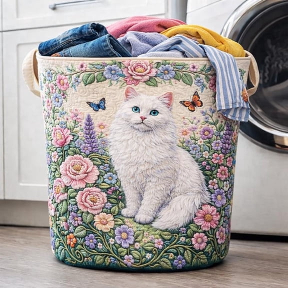 Quilted Laundry Basket White Cat Floral Garden, Farmhouse Fabric Laundry Hamper, Cute Cat Laundry Storage Bin Cottage Decor