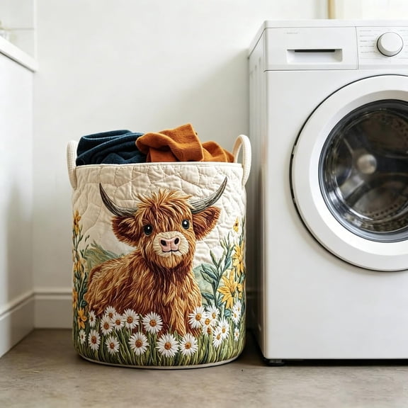 Quilted Laundry Basket With Handles Highland Cow Floral Large Soft Fabric For Clothes Toys