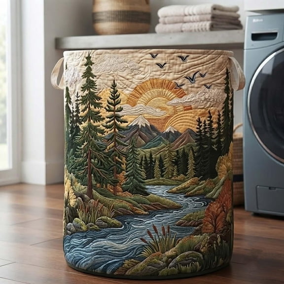 Quilted Laundry Basket, Woodland Forest Animals, Rustic Cabin Nature Storage Hamper