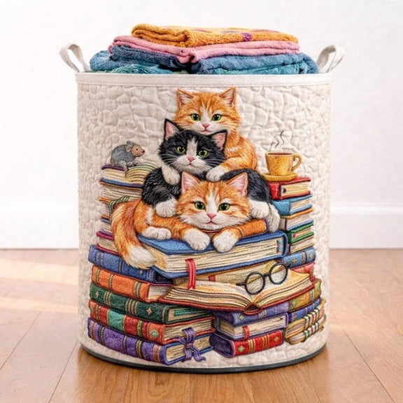 Quilted Laundry Basket with Cats Books, Cute Home Storage Basket, Decorative Laundry, Book Lover Gift, Cat Lover Gift, Cozy Laundry Dcor