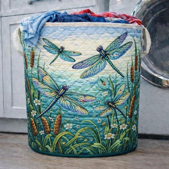 Quilted Laundry Basket with Dragonfly Design, Storage Basket, Floral Laundry Hamper, Large Capacity, Eco Friendly Organizer