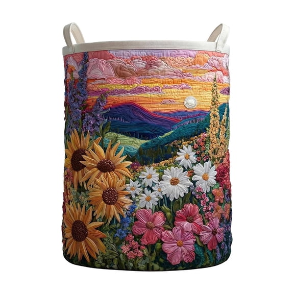 Quilted Laundry Basket with Handles, 14*18 Inch Boho Fabric Floral Versatile Storage Hamper for Nursery Bedroom Laundry Room (Q)