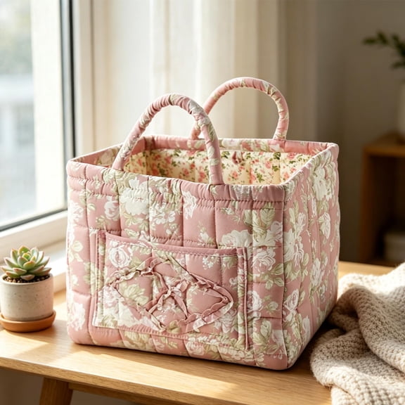 Quilted Laundry Basket with Handles,Boho Fabric Large Quilted Floral Foldable Baskets with Handles for Car Home Picnic