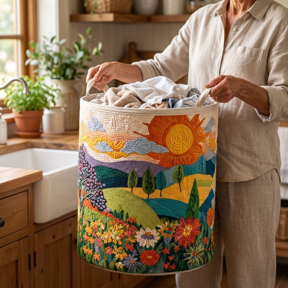 Quilted Laundry Basket with Handles, Boho Floral Clothes Storage Basket, Foldable Fabric Storage Bin for Bedroom Bathroom Laundry Room Closet