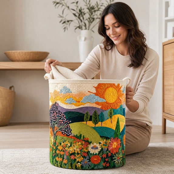 Quilted Laundry Basket with Handles, Boho Floral Quilted Storage Hamper, Large Capacity Laundry Hamper for Nursery Bedroom Laundry Room Home Decor