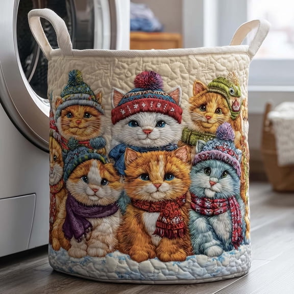 Quilted Laundry Basket with Handles, Cat Pattern, 3 Sizes 18 to 28 Inch, Fabric Storage Hamper for Nursery, Bedroom, Laundry Room