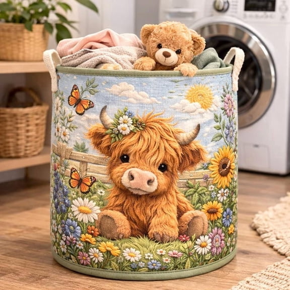 Quilted Laundry Basket with Highland Cow, Cottagecore Laundry Hamper, Farmhouse Storage Bin, Cute Animal Nursery Toy Basket
