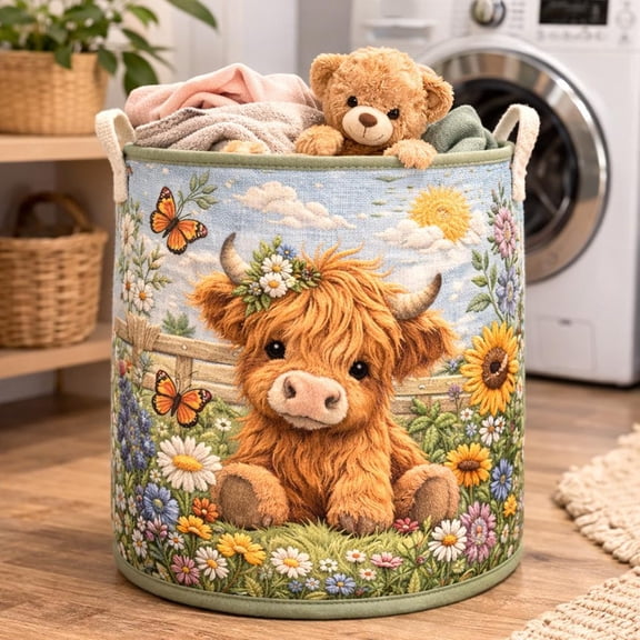 Quilted Laundry Basket with Highland Cow, Cottagecore Laundry Hamper, Farmhouse Storage Bin, Cute Animal Nursery Toy Basket