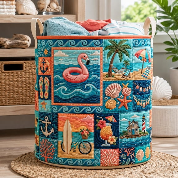 Quilted Laundry Hamper, Pink Flamingo Beach Tropical Coastal Design, Ocean Storage Bin