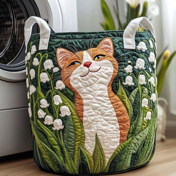 Quilted Laundry Hamper With Practical Handles, Boho Floral Cat Pattern Storage Basket, Large Capacity Clothes Organizer For Bedroom And Laundry Room