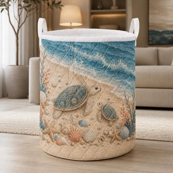 Quilted Laundry Hamper, Sea Turtle Beach Ocean Waves Design, Coastal Storage Bin