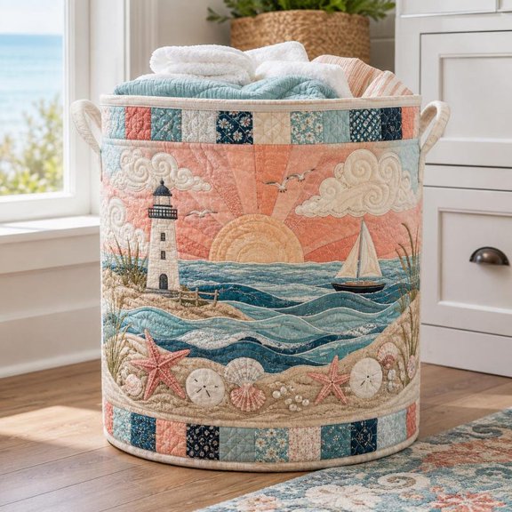 Quilted Lighthouse Beach Laundry Basket, Nautical Coastal Storage Hamper