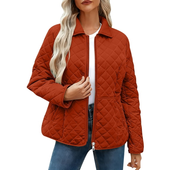 Quilted Lightweight Jackets Women Zip up Fall Jackets Travel Casual Lapel Collar Long Sleeve Winter Coats with Pockets