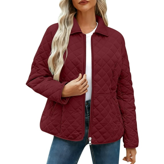 Quilted Lightweight Jackets Women Zip up Fall Jackets Travel Casual Lapel Collar Long Sleeve Winter Coats with Pockets