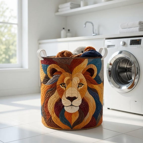 Quilted Lion Laundry Basket, Patchwork Lion Storage Bin, Colorful Lion Head Hamper, Nursery Decor, Large Quilt Basket, Gift for Mom