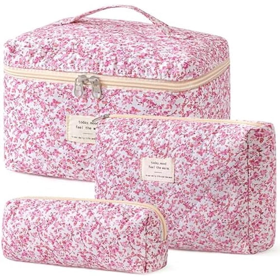 Quilted Makeup Bag, 3PCS Cotton Large Travel Makeup Bag, Cute Floral Coquette Make up Bag Cosmetic Bag Toiletry Bag for Women Girls