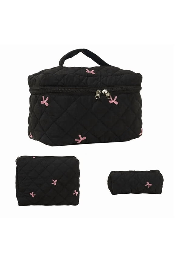 Quilted Makeup Bag 3pcs Large Capacity Toiletry Pouch Set Portable Cosmetic Zipper Tote Bag for Travel Organizer,3 * Quilted Makeup Bag,Black