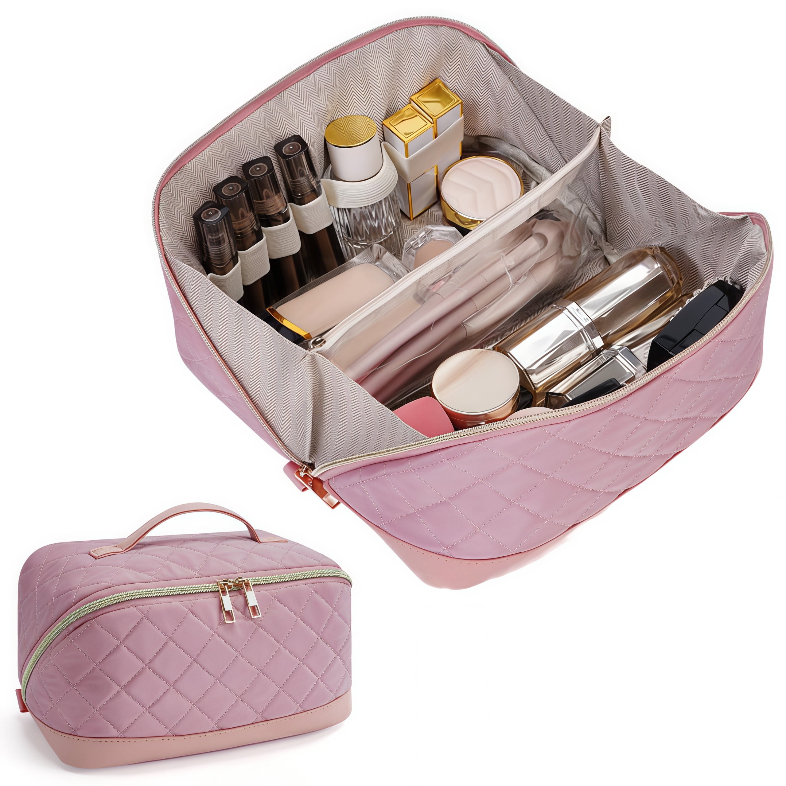Quilted Makeup Bag for Women, Large Travel Cosmetic Organizer with Handle, Waterproof Toiletry Bag Make Up Pouch with Compartments for Vacation Business Trip(Black)