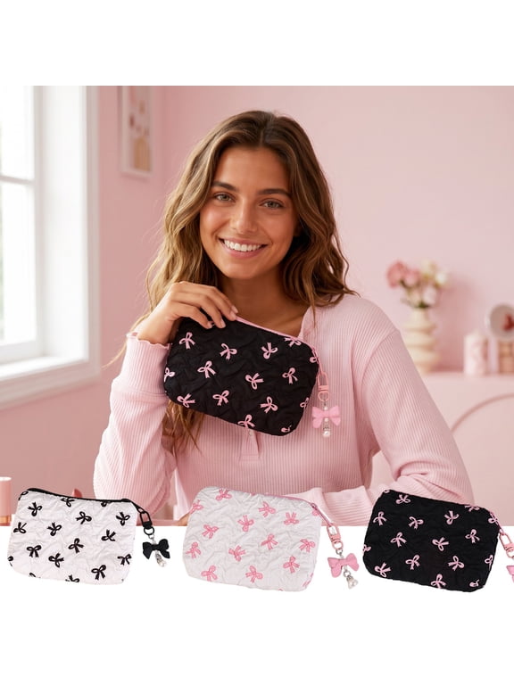 Quilted Makeup Pouch for Women,Mini Travel Toiletry Bag with Bow Printed Decor,Portable Cute Zipper Makeup Organizer for Outdoor Travel,Commute,Black