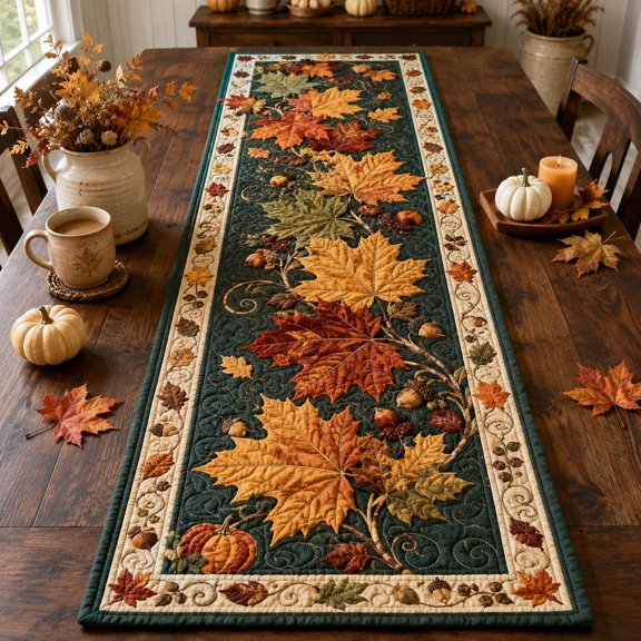 Quilted Maple Leaf Table Runner, Autumn Pumpkin Thanksgiving Decor, Cottagecore Quilt