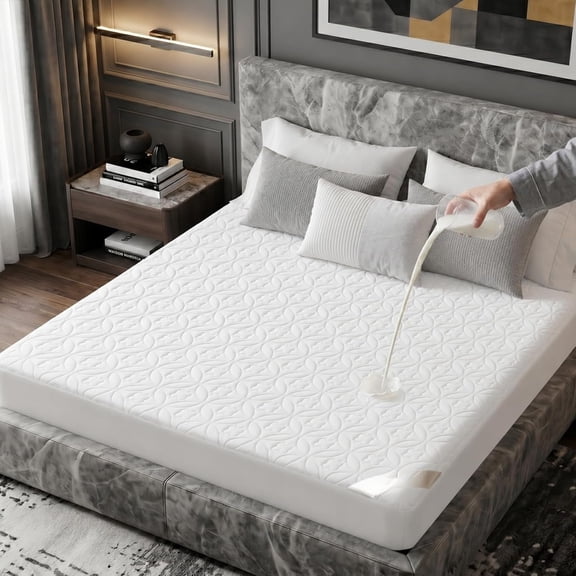 Quilted Mattress Protector, Water Repellent Top & TPU Backing, Soft Brushed Microfiber Bed Cover, Noiseless Breathable Pad (White, )