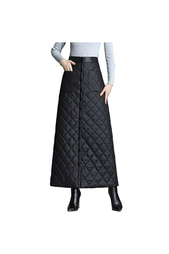 Quilted Maxi Skirt for Women Winter Elastic Waist A-Line Insulated Warm Outdoor Snow Long Skirt with Pockets