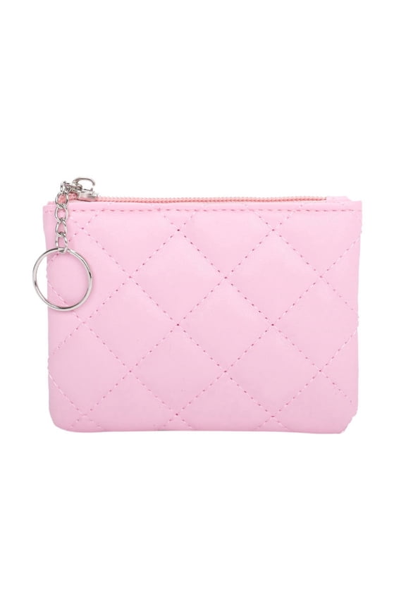 Quilted Mini Wallet for Women Elegant Embroidery Zipper Coin Purse with Card Slots PU Leather Compact Clutch for Daily Essentials (Pink)