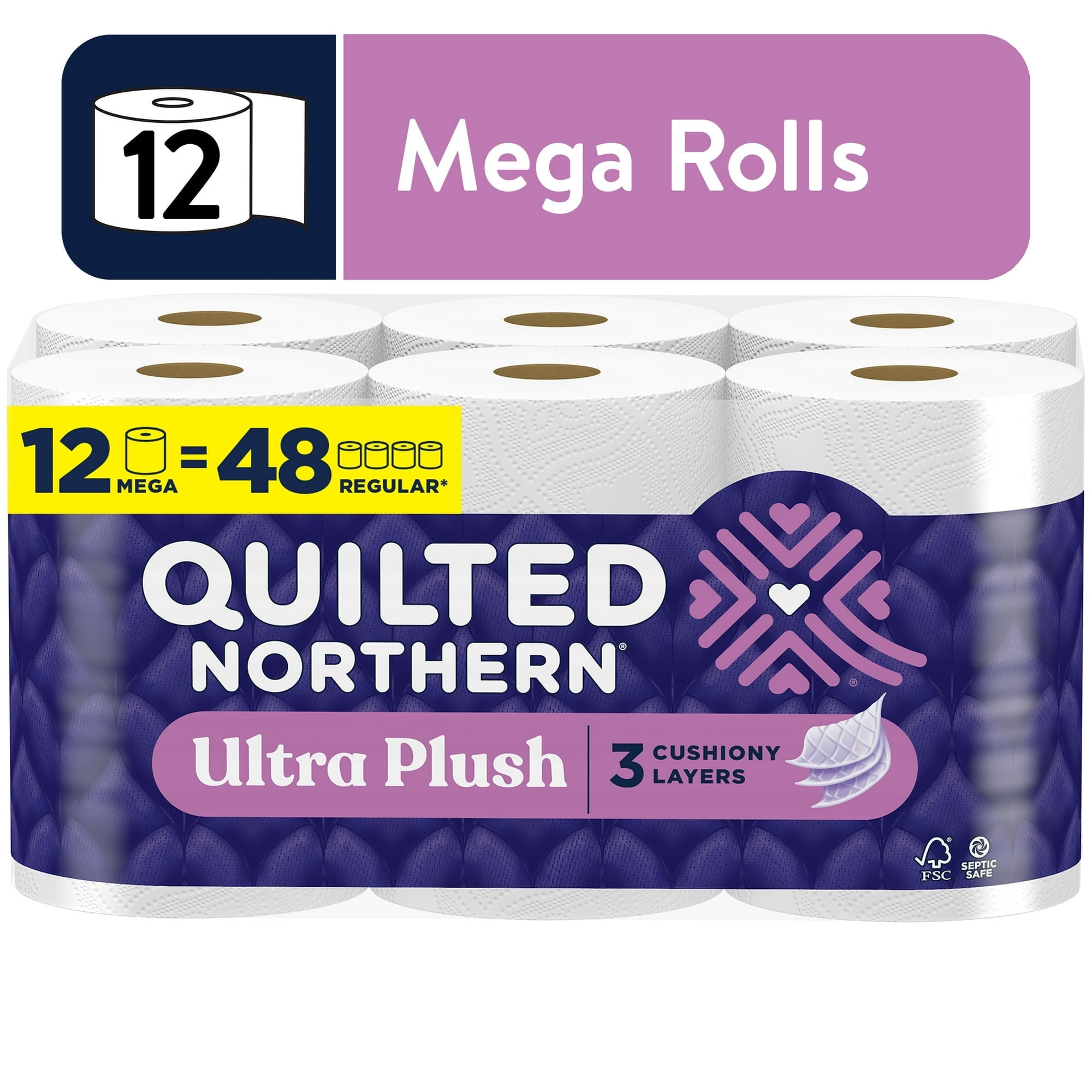 Quilted Northern Ultra Plush 12 Mega Rolls, 3X More Absorbent*, 3-Ply Toilet Paper - 4 Packs (144 Rolls Total)