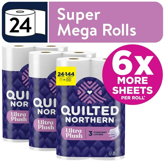 Quilted Northern Ultra Plush 3-Ply Toilet Paper, 24 Super Mega Rolls, 378 Sheets Per Roll