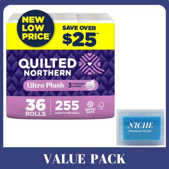 Quilted Northern Ultra Plush 3-Ply Toilet Paper 36 rolls, 255 sheets/roll-with Scrub Sponge