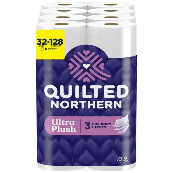 Quilted Northern Ultra Plush Toilet HYZ01 Paper, 32 Mega Rolls = 128 Regular Rolls, 3X Thicker*, 3 Ply Soft Toilet Tissue
