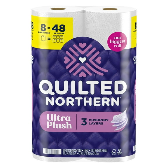 Quilted Northern Ultra Plush Toilet HYZ01 Paper, 8 Super Mega Rolls = 48 Regular Rolls, 3X Thicker*, 3 Ply Soft Toilet Tissue