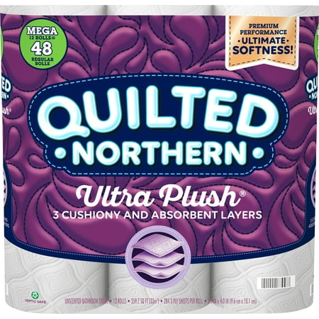 Quilted Northern Ultra Plush Toilet Paper, 12 Mega Rolls = 48 Regular Rolls, 3-Ply Bath Tissue