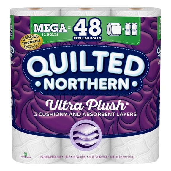 Quilted Northern Ultra Plush Toilet Paper, 12 Mega Rolls = 48 Regular Rolls, 3-Ply Bath Tissue