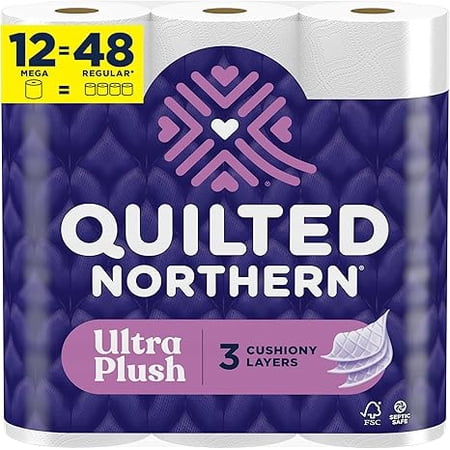 Quilted Northern Ultra Plush Toilet Paper, 12 Mega Rolls = 48 Regular Rolls, 3X Thicker*, 3 Ply Soft Toilet Tissue