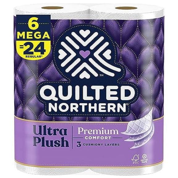 Quilted Northern Ultra Plush Toilet Paper, 6 Mega Rolls = 24 Regular Rolls, 3X Thicker*, 3 Ply Soft Toilet Tissue