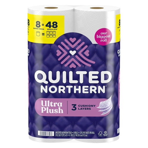 Quilted Northern Ultra Plush Toilet Paper, 8 Super Mega Rolls = 48 Regular Rolls, 3X Thicker*, 3 Ply Soft Toilet Tissue