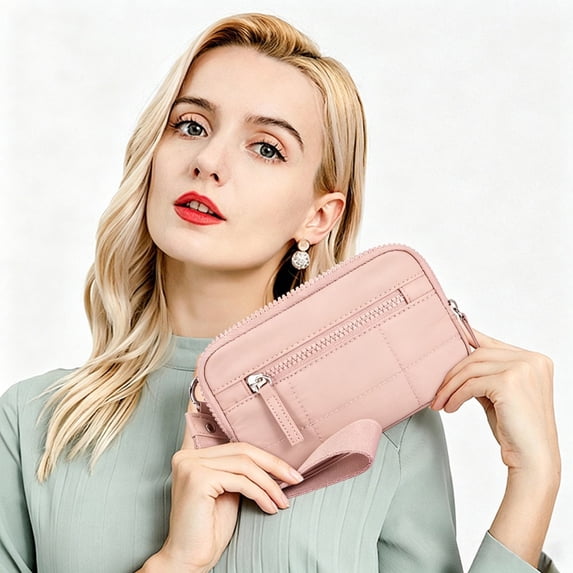 Quilted Nylon Wristlet Wallet for Women, Minimalist Solid Color Clutch Purse for Daily Use, Compact Wrist Strap Wallet for Cards and Cash, Portable Wallet for Shopping and Travel