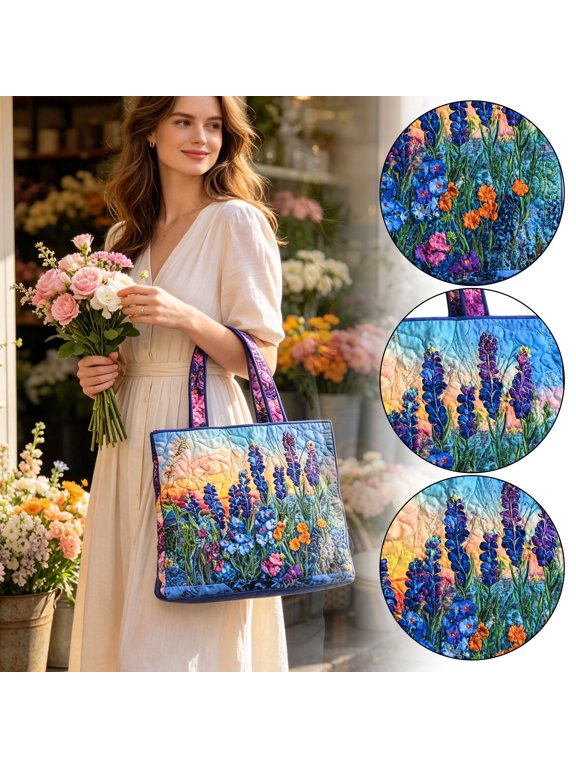 Quilted Oxford Cloth Tote Bag for Women, Large Capacity Digital Print Shoulder Handbag with Artistic Lavender Pattern, Durable Reusable Shopping Grocery Beach Travel Commuter Purse Gift