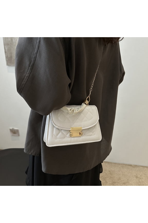 Quilted PU Leather Crossbody Bag - Small Chain Strap Purse for Women, with a Long Shoulder Chain Strap - Compact Wallet Clutch with Locking Clasp (White,7.5x5.1x2.8in)
